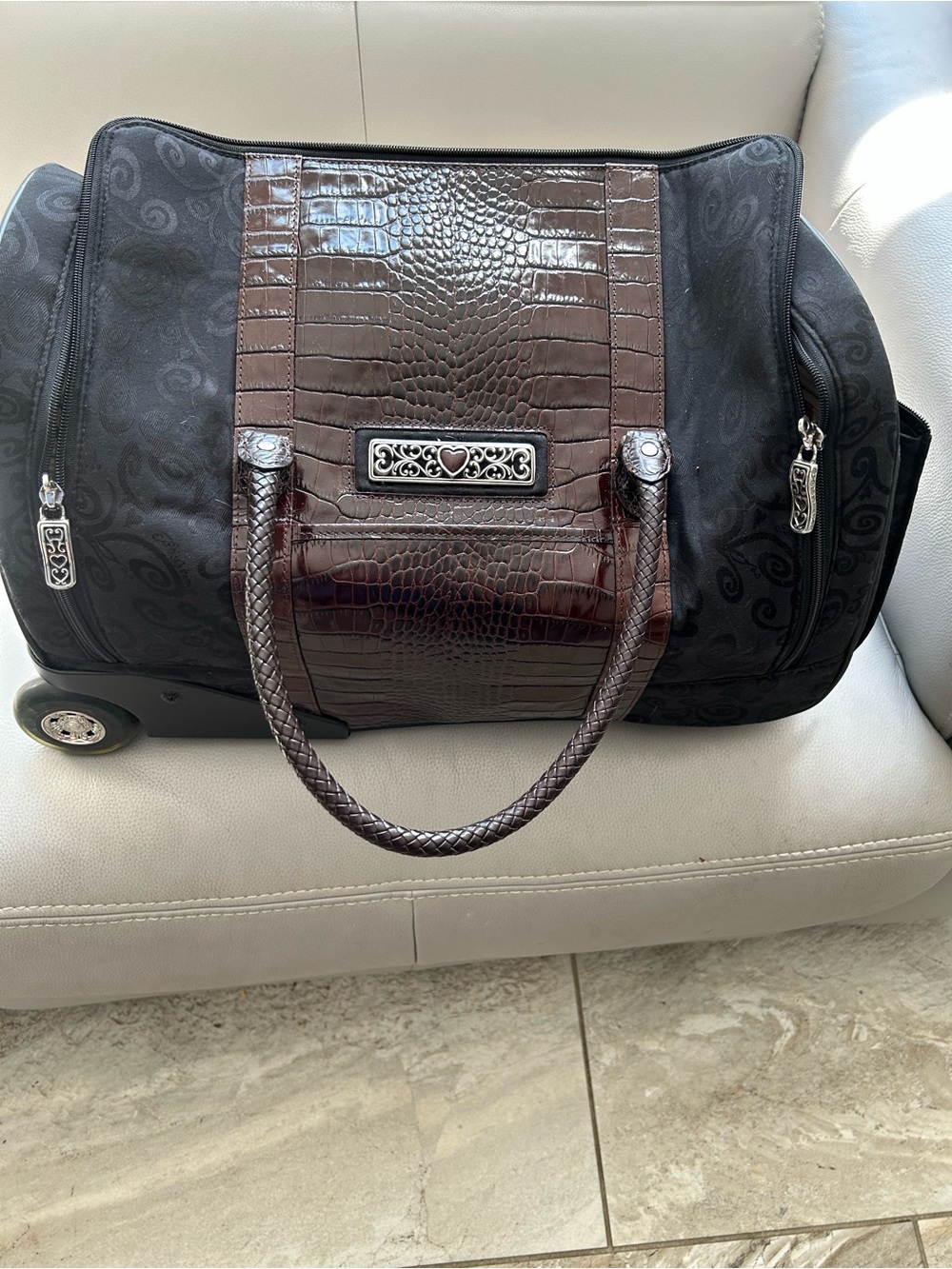 Brighton Black Travel Bag with Brown Croc-Texture Trim